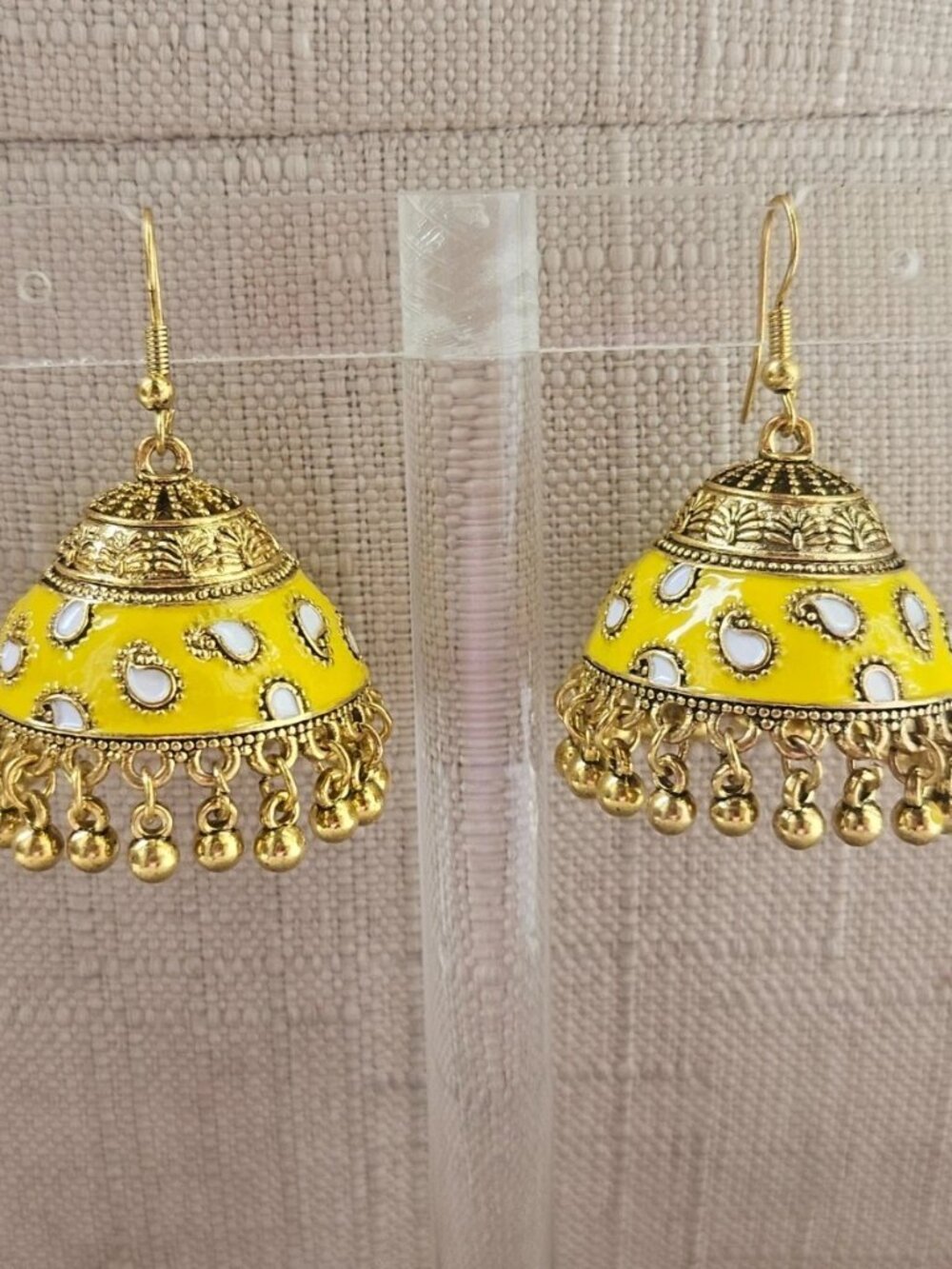 Jhumka Earrings Yellow Enamel Gold Tone Fashion Ear Jewelry Chandelier Earrings - Picture 10 of 11